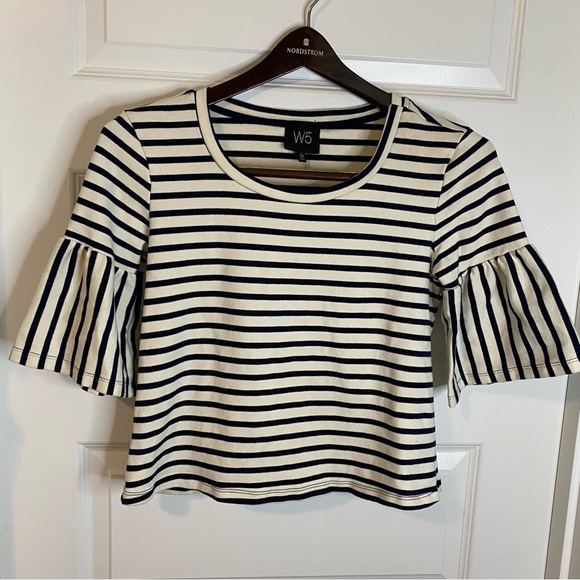 W5 Tops - Anthropology W5 Navy Blue White Blouse with Bell Sleeves Size S